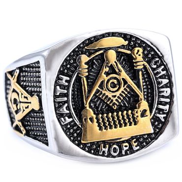 **COI Titanium Black Gold Tone Silver Masonic Freemason Ring-8890
