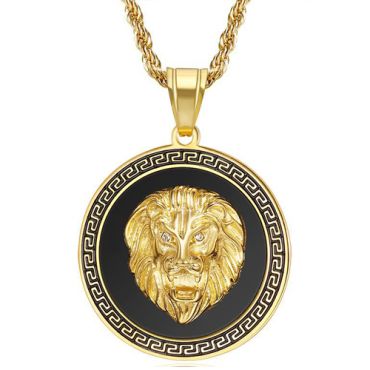 **COI Titanium Black Gold Tone/Silver Lion Pendant With Greek Key Pattern-8899