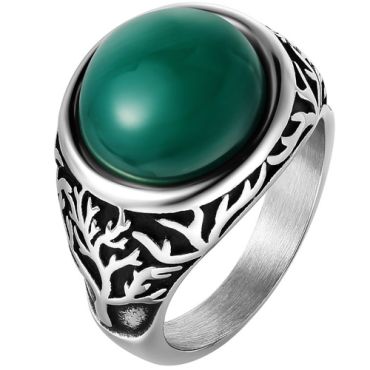 **COI Titanium Black Silver Life Tree Ring With Created Green Emerald/Black Onyx-8906