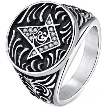 **COI Titanium Black Gold Tone/Black/Silver Masonic Freemason Ring With Cubic Zirconia-8976
