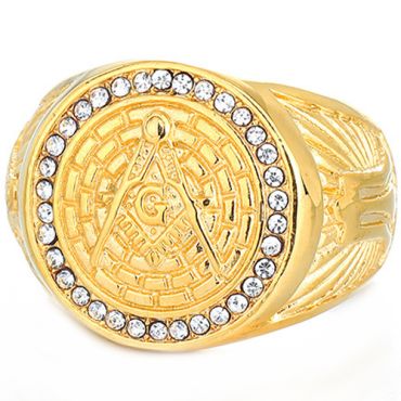 **COI Gold Tone Titanium Masonic Freemason Ring With Cubic Zirconia-8977