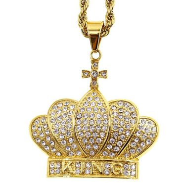 **COI Gold Tone Titanium King Crown & Cross Pendant With Cubic Zirconia-8986