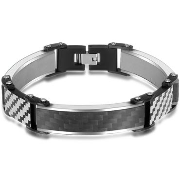 COI Titanium Black Silver/Blue Silver Checkered Flag Carbon Fiber Bracelet With Steel Clasp(Length: 8.27 inches)-8994