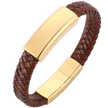 COI Gold Tone Titanium Brown Genuine Leather Bracelet With Steel Clasp(Length: 8.07 inches)-9003