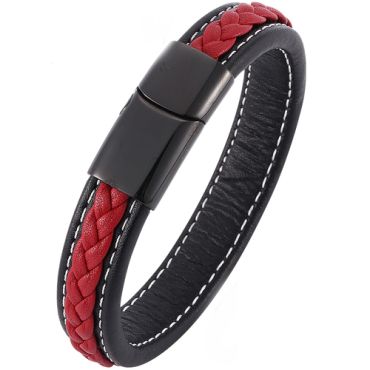 COI Black Titanium Black & Red Genuine Leather Bracelet With Steel Clasp(Length: 8.07 inches)-9006
