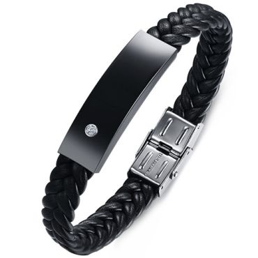 COI Black Titanium Genuine Leather & Cubic Zirconia Bracelet With Steel Clasp(Length: 8.46 inches)-9054