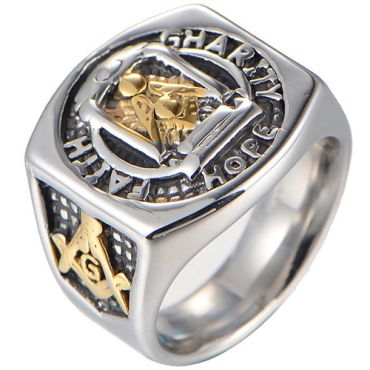 **COI Titanium Black Gold Tone Silver/Black Gold Tone Masonic Freemason Ring-9119
