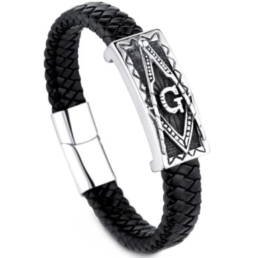 COI Titanium Black/Gold Tone/Silver Masonic Freemason Genuine Leather Bracelet With Steel Clasp(Length: 8.27 inches)-9136