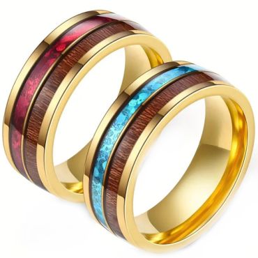 **COI Gold Tone Titanium Crushed Opal & Wood Ring-9141