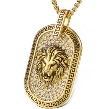COI Titanium Black Gold Tone/Silver Greek Key Pattern Lion Head Dog Tag Pendant With Cubic Zirconia-9154