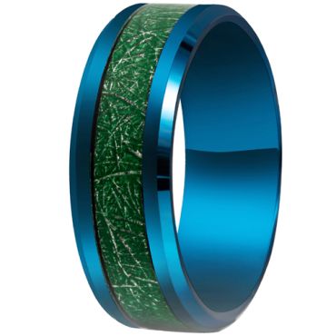 **COI Blue Titanium Green Meteorite Beveled Edges Ring-9169