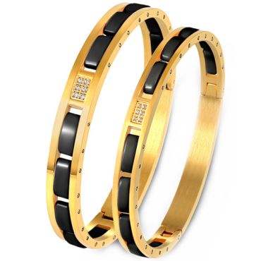 COI Titanium Gold Tone/Silver Black Ceramic Cubic Zirconia Bangle With Steel Clasp(Length: 7.70 inches)-9192