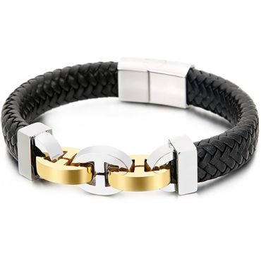 **COI Titanium Silver Gold Tone/Silver Genuine Leather Bracelet With Steel Clasp(Length: 8.46 inches)-9222