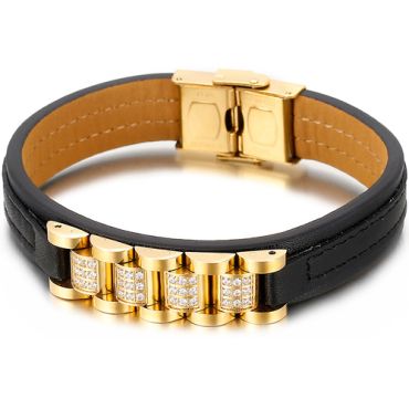 **COI Titanium Gold Tone/Silver Cubic Zirconia Genuine Leather Bracelet With Steel Clasp(Length: 8.66 inches)-9223