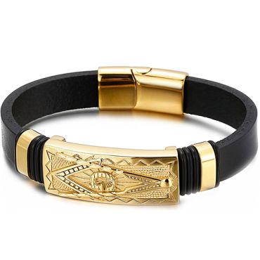 **COI Gold Tone Titanium Masonic Freemason Genuine Leather Bracelet With Steel Clasp(Length: 8.27 inches)-9225
