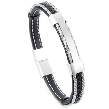 **COI Titanium Gold Tone/Silver Wire Genuine Leather Bracelet With Steel Clasp(Length: 8.27 inches)-9226