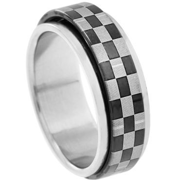 **COI Titanium Black Silver Checkered Flag Step Edges Ring-9268