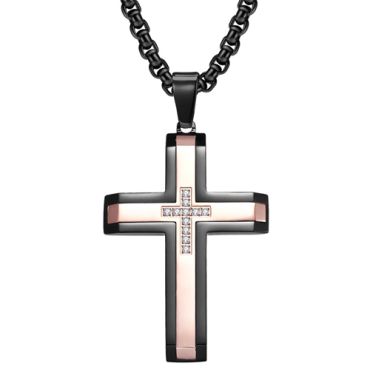 **COI Titanium Black Rose/Silver Cross Pendant With Cubic Zirconia-9275