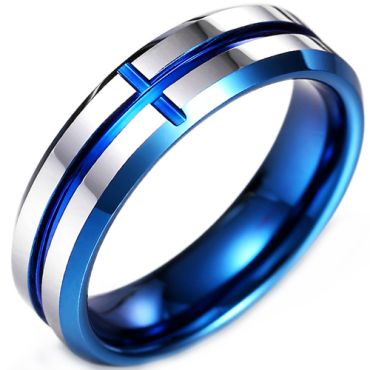 **COI Tungsten Carbide Blue Silver Cross Beveled Edges Ring-9298