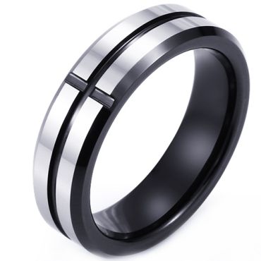 **COI Tungsten Carbide Black Silver Cross Beveled Edges Ring-9299