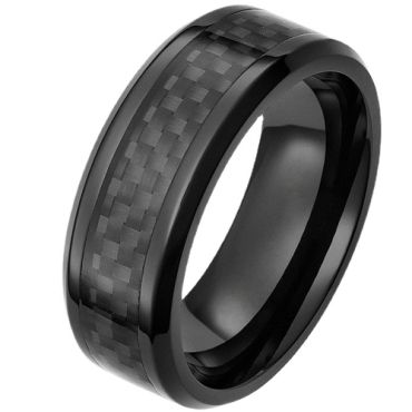 **COI Black Ceramic Beveled Edges Ring With Carbon Fiber-9327AA