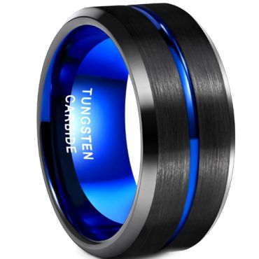 **COI Tungsten Carbide Black Blue 10mm Center Groove Beveled Edges Ring-9345AA