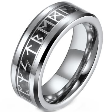 **COI Tungsten Carbide Carbon Fiber Beveled Edges Ring With Runes-9351