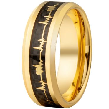 **COI Gold Tone Tungsten Carbide Heartbeat & Heart Beveled Edges Ring With Carbon Fiber-9358