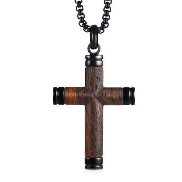 ***COI Titanium Black/Silver Cross Pendant With Wood-9398A