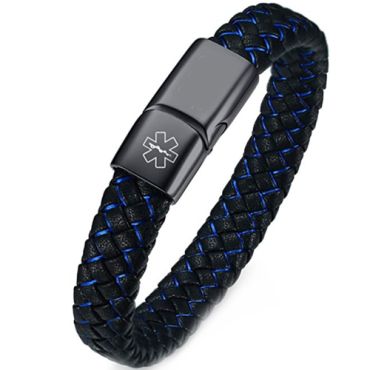 **COI Titanium Black/Silver Medical Alert Genuine Leather Bracelet With Steel Clasp(Length: 8.27 inches)-9422