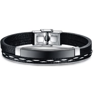 **COI Titanium Black Silver Genuine Leather Bracelet With Steel Clasp(Length: 8.07 inches)-9423