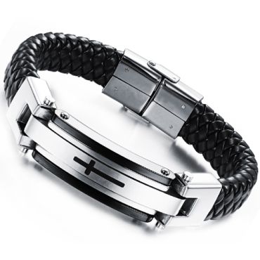 **COI Titanium Black Silver Cross Genuine Leather Bracelet With Steel Clasp(Length: 8.66 inches)-9439
