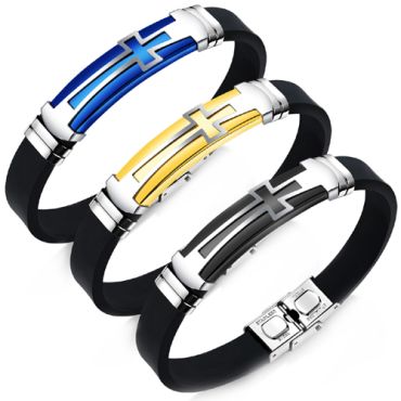 **COI Titanium Black/Gold Tone/Blue Silver Cross Bracelet With Steel Clasp(Length: 7.87 inches)-9440