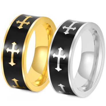 **COI Titanium Black Gold Tone/Silver Cross Pipe Cut Flat Ring-9445