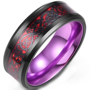 **COI Titanium Black Green/Red/Purple/Blue Red Black Dragon Beveled Edges Ring-9457