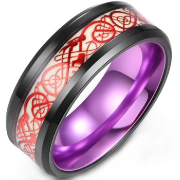**COI Titanium Black Green/Red/Purple/Blue Red Dragon Beveled Edges Ring-9458