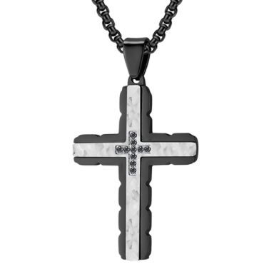 **COI Titanium Black/Gold Tone Silver Cross Hammered Pendant With Cubic Zirconia-9473