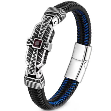 **COI Titanium Black Silver Cross Cubic Zirconia Genuine Leather Bracelet With Steel Clasp(Length: 9.05 inches)-9504