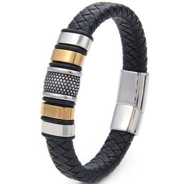 **COI Titanium Black Gold Tone Silver Genuine Leather Bracelet With Steel Clasp(Length: 8.27 inches)-9505