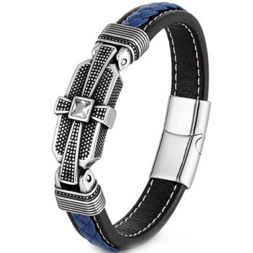**COI Titanium Black Silver Cross Cubic Zirconia Genuine Leather Bracelet With Steel Clasp(Length: 8.27 inches)-9506