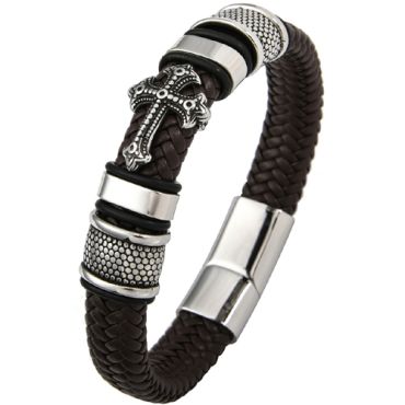 **COI Titanium Black Silver Cross Genuine Leather Bracelet With Steel Clasp(Length: 8.66 inches)-9507
