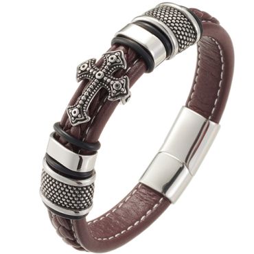 **COI Titanium Black Silver Cross Genuine Leather Bracelet With Steel Clasp(Length: 9.06 inches)-9508
