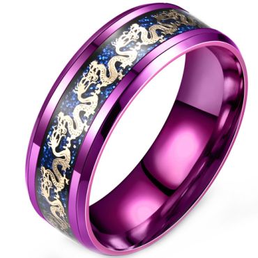 **COI Titanium Purple Blue Gold Tone Dragon Beveled Edges Ring With Meteorite-9516