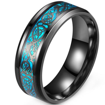 **COI Black Titanium Dragon Beveled Edges Ring With Blue Carbon Fiber-9530
