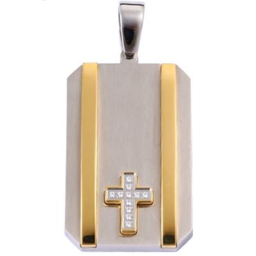 **COI Titanium Gold Tone Silver Cross Tag Pendant With Cubic Zirconia-9532