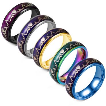 **COI Titanium Black/Gold Tone/Silver/Blue Heartbeat & Heart Ring-9658