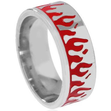 **COI Titanium Silver & Red Fire Flame Pipe Cut Flat Ring-9964