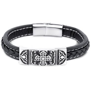 **COI Titanium Black Silver Cross Genuine Leather Bracelet With Steel Clasp(Length: 8.07 inches)-9666