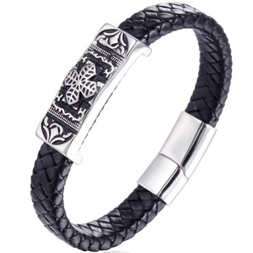 **COI Titanium Black Silver Cross Genuine Leather Bracelet With Steel Clasp(Length: 8.07 inches)-9666