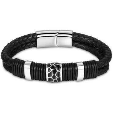 **COI Titanium Black Silver Genuine Leather Bracelet With Steel Clasp(Length: 8.66 inches)-9667
